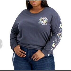 Rebellious One Womens Trendy Graphic Crop Top Pewter Blue Medium Long Sleeve New